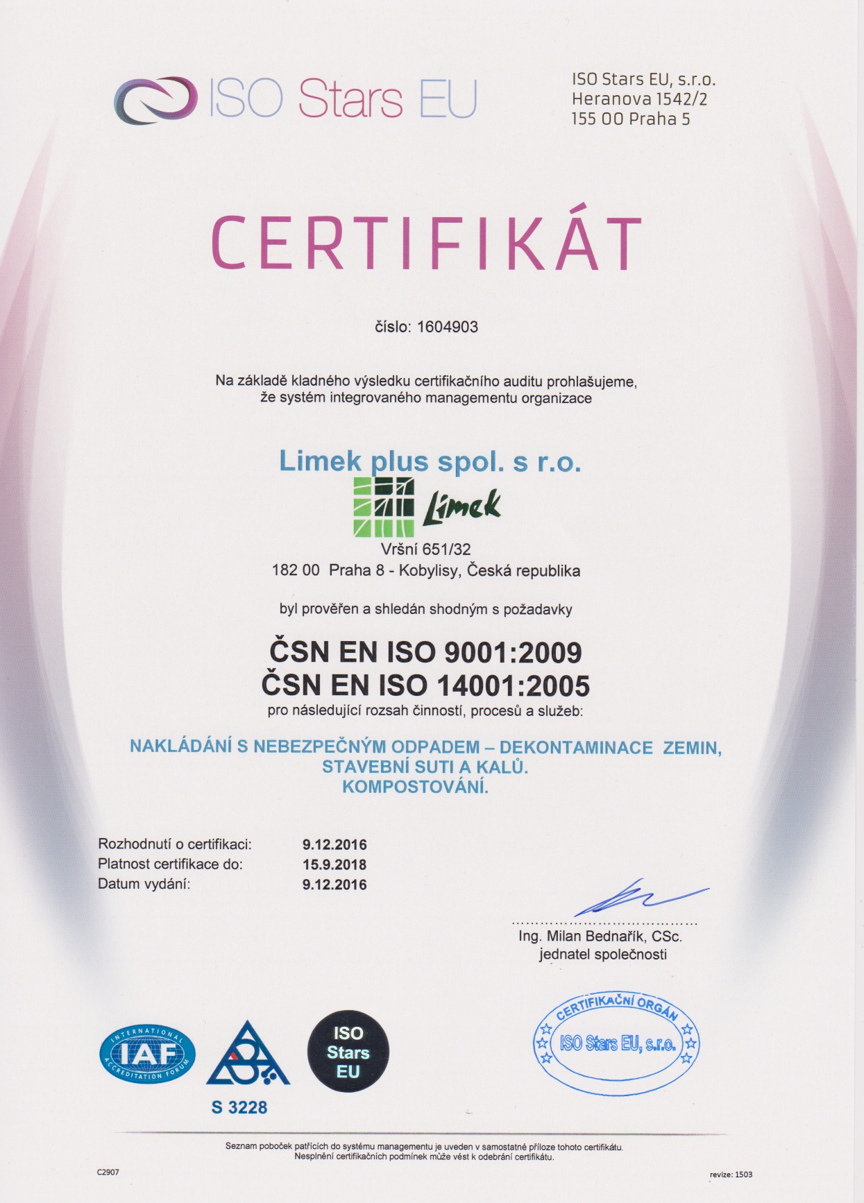 Certifikat ISO 9001:2009, 14001:2005